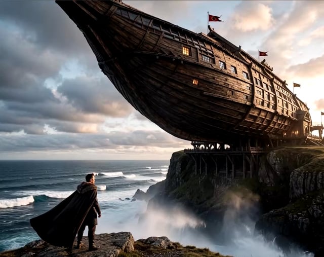 A fantasy digital artwork depicting a hooded figure in a dark cloak standing on a rocky cliff, gazing at a massive wooden ship perched precariously on the cliff edge above turbulent ocean waves, illuminated by dramatic golden sunset light.