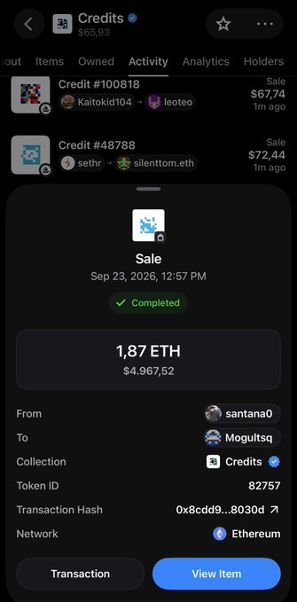 A mobile app screenshot showing NFT transaction details with a sale of 'Credit #82757' on the Credits collection for 1.87 ETH ($4,967.52), marked as completed, sold from santana0 to Moguitsq on the Ethereum network.
