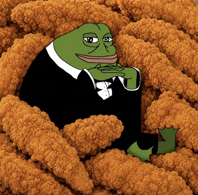 A meme featuring the Pepe the Frog character dressed in a tuxedo, sitting contemplatively among a pile of fried chicken tenders.