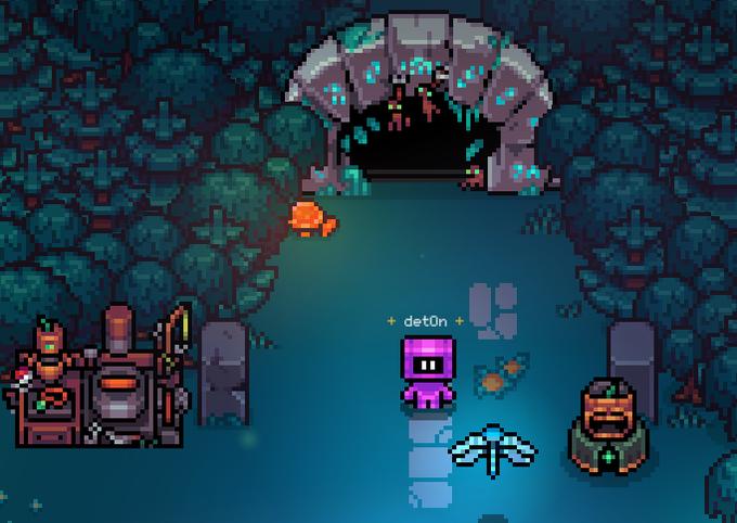 A pixel art game scene featuring a purple character named "det0n" in a dark forest setting with a cave entrance, tombstones, and various small objects.
