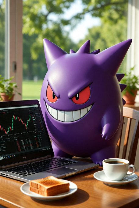 The image features a giant purple Pokemon figurine sitting next to an open laptop computer with a monitor displaying stock market graphs, possibly depicting the Pokemon characters involved in financial markets. On either side of the laptop are two white cups filled with coffee, along with a small plate holding slices of bread or toast. The overall scene suggests a creative and unusual combination of elements, including a humorous juxtaposition between video games (Pokemon) and the stock market world depicted by the graphs on the computer screen.