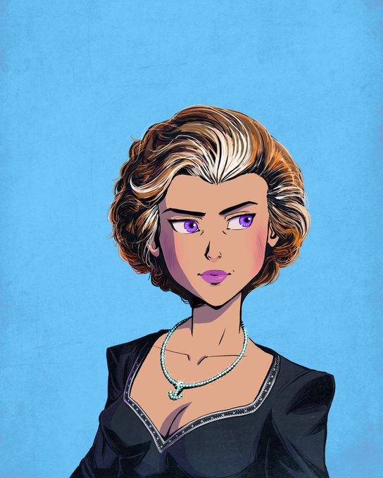 A stylized digital portrait of a woman with short brown hair, striking purple eyes, and pink lipstick, wearing a black v-neck top and a turquoise beaded necklace against a solid blue background.