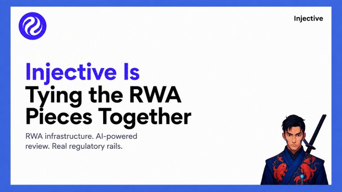 A promotional graphic for Injective titled 'Injective Is Tying the RWA Pieces Together' featuring an anime-style character with a sword.