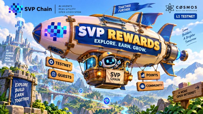 A vibrant promotional banner for 'SVP Chain' featuring 'SVP REWARDS' with the tagline 'EXPLORE. EARN. GROW.' and 'TOGETHER FURTHER', showcasing a steampunk airship with 'TESTNET', 'QUESTS', 'POINTS', and 'COMMUNITY' options against a fantasy landscape.