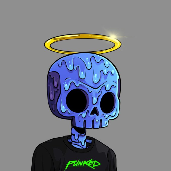 An illustration of a blue skull with melting/dripping features, a golden halo floating above its head, wearing a black shirt with green 'PUNKED' text.