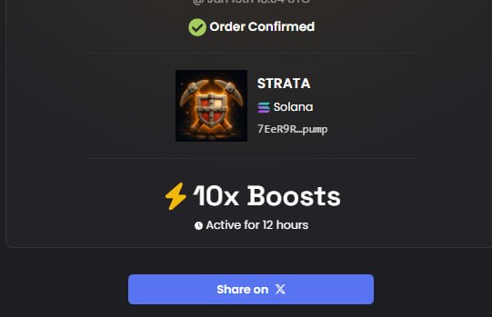 The image shows an order confirm screen for a game, with a player's name displayed at the top of the page. Below this, there are two options presented - "Order Confirmed" and "10x Boosts". The text indicates that the player has ordered 10x boosts to be sent out in the next hour.