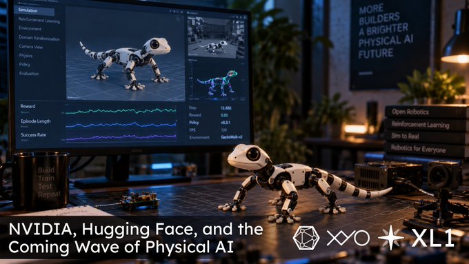 A YouTube-style thumbnail titled 'NVIDIA, Hugging Face, and the Coming Wave of Physical AI' showing a robotic gecko on a desk with a computer displaying simulation metrics.