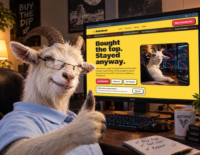 A goat wearing glasses and a blue polo shirt gives a thumbs-up at a desk displaying a 'RektGoat' website with yellow branding, with a mug and 'Crypto Lambdos Freedom' signage visible.