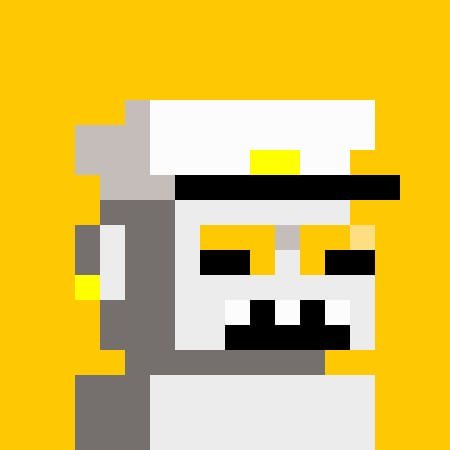 A pixel art image depicts a gray character with yellow eyes and a wide smile against a bright yellow background.