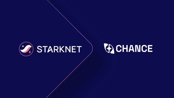 The image displays the Starknet logo and "CHANCE" wordmark side by side, separated by a chevron divider, on a dark blue background. The accompanying post expresses strong confidence in the Chance project founder, which the image reinforces by visually pairing the Starknet branding with the Chance branding to suggest a notable partnership or alignment between the two.