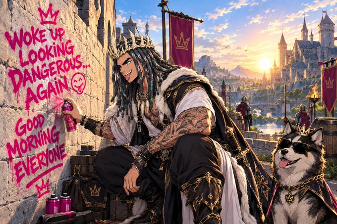 An anime-style illustration shows a tattooed king in a crown spraying graffiti text 'WOKE UP LOOKING DANGEROUS... AGAIN GOOD MORNING EVERYONE' alongside a husky wearing sunglasses and a crown.