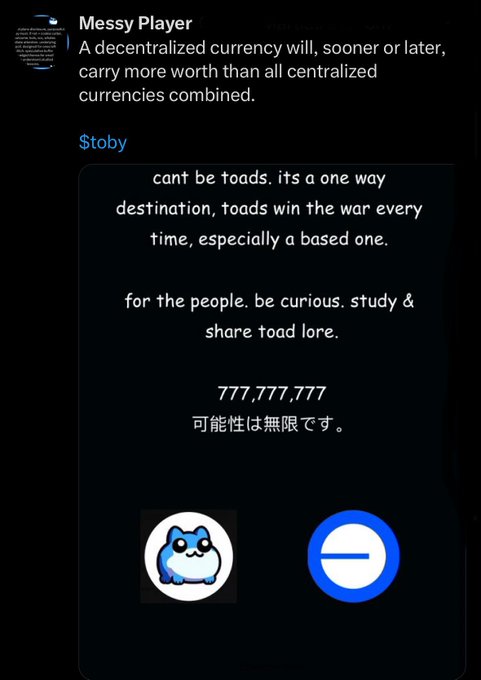 The image shows a post on social media with a caption that reads "OG toads remember. $toby". This caption is accompanied by an image of a blue cartoon cat, which is likely a reference to the character from the popular video game series "OG." The post also includes text in Japanese and English, suggesting it was posted on Twitter or another international social media platform.