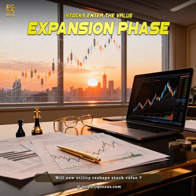 A desk setup with a laptop displaying stock candlestick charts, financial papers with a gold pen, chess pieces, and eyeglasses sits before a window overlooking a city skyline at sunset, overlaid with the text "STOCKS ENTER THE VALUE EXPANSION PHASE" and "Will new utility reshape stock value?"—reinforcing the post's theme of tokenized stocks entering a new utility-driven valuation era for $QNCX.