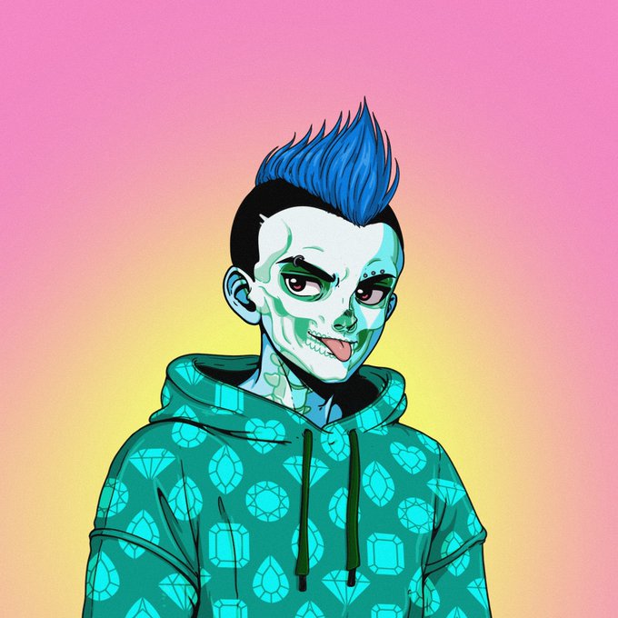 A stylized digital illustration features a pale, tattoooed character with a blue mohawk and tongue out, wearing a green gemstone-patterned hoodie against a pink-to-yellow gradient background, fitting the casual "Gm" greeting from NFT collector @Kageuri_com asking about whitelist needs.