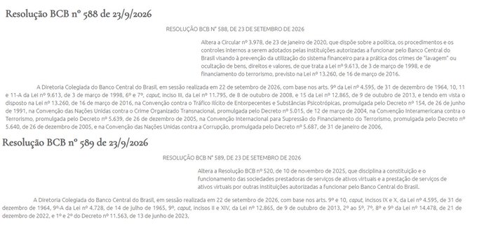 A document displaying Brazilian Central Bank resolutions 'Resolução BCB nº 588 de 23/9/2026' and 'Resolução BCB nº 589 de 23/9/2026' in Portuguese, containing legal text about financial regulations and circular procedures.