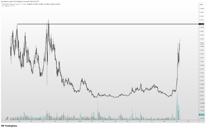 A TradingView daily chart of the USELESS/USDT pair on Binance shows a dramatic price spike from around $0.005 to nearly $0.045, representing roughly a 10x surge over a month, with a horizontal resistance line drawn near the current ATH level. The accompanying volume bars confirm the explosive rally, supporting the post's claim of an "insane ripper" heading toward new all-time highs.