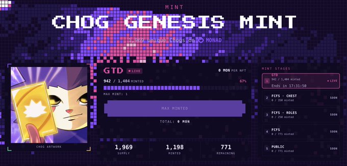 A 'CHOG GENESIS MINT' webpage interface displaying mint statistics (1,969 supply, 1,198 minted, 771 remaining) alongside the purple cat character holding a card.