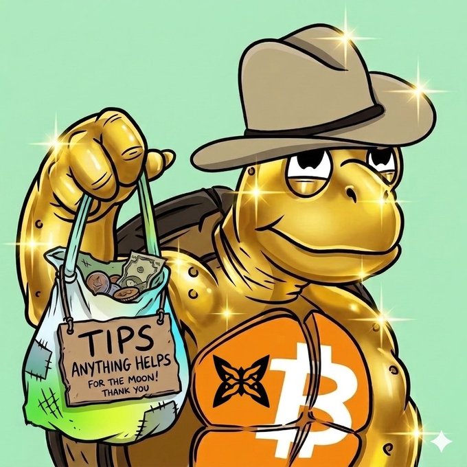 The image features a cartoon turtle holding a bag with money inside, wearing an orange shirt and hat. Below the turtle's head, there is a sign that reads "tips anything helps! for the network @quipnetwork thanks bros!". The background of the image is green, which complements the overall color scheme of the illustration.