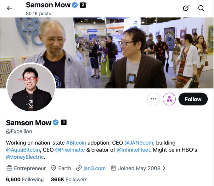 Samson Mow's X profile (@Excellion) showing him pictured with another man at what appears to be a conference, with the bio listing him as CEO of JAN3, Pixelmatic, and AquaBitcoin, alongside the post criticizing his stance against BIP 110 and his connection to figures referenced in recently released Epstein emails.