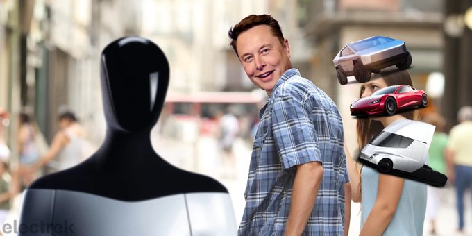 The image is a photoshopped meme featuring Elon Musk's smiling face superimposed on a man's body in a blue plaid shirt, who is depicted turning to look at a faceless humanoid robot figure in the foreground, with a woman in the background balancing two Tesla Cybertruck models on her head (one red, one white), all set against a blurred city street with the "electrek" watermark visible in the bottom left corner. The image relates to the accompanying post about Elon Musk's potential engagement with an Optimus (Tesla's humanoid robot) fan account, referencing the optimism that Musk's interaction with the project could trigger a significant price surge for the associated token, similar to a previous rapid price increase after he replied to another project.