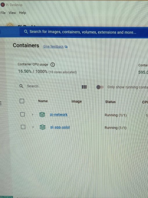 Pi Desktop's Docker dashboard displays two running containers—pi-network and pi-app-solo—with a combined CPU usage of 16.50% across 10 allocated cores, showing that both services are actively operating in parallel.