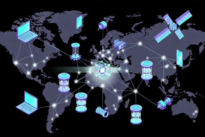 A digital illustration of a world map overlaid with a glowing network of interconnected nodes, devices (laptops, phones, satellites), and data servers representing a global blockchain/Web3 network.