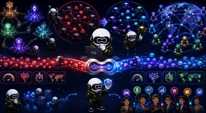A digital illustration depicts hooded figures managing cryptocurrency networks, with red warning networks transforming into blue blockchain systems and an infinity symbol, alongside people using icons for gaming, NFT, and shopping.