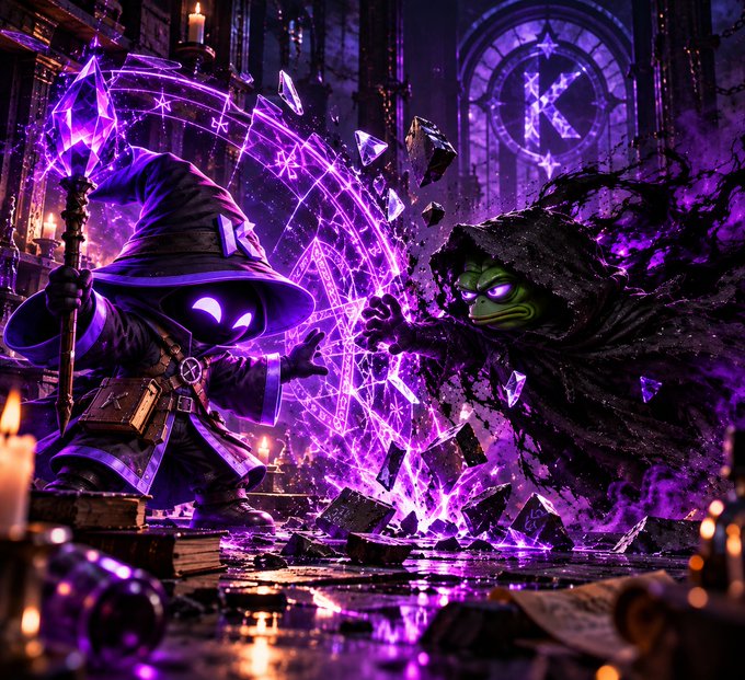 A digital artwork showing a small wizard with a purple glowing hat casting a magic spell against a dark shadowy figure in a gothic setting with purple energy.