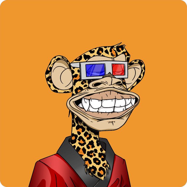 A digital illustration of a stylized monkey character with leopard-print fur wearing 3D glasses and a red jacket against an orange background.