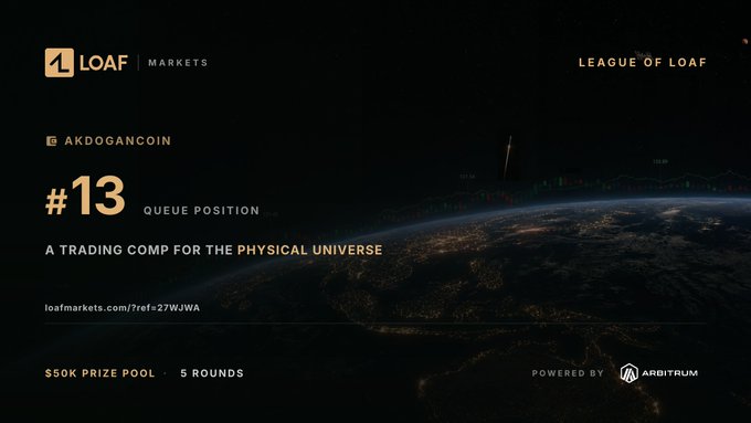 Promotional banner for LOAF Markets featuring the LEAGUE OF LOAF trading competition, highlighting the AKDOGANCOIN at #13 queue position, a $50K prize pool across 5 rounds, powered by ARBITRUM.