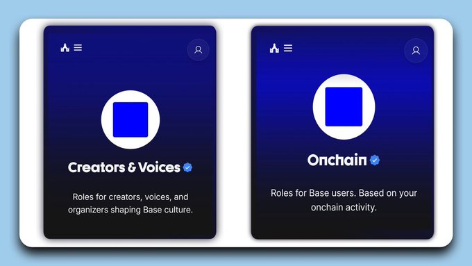 The image shows two square screens, each displaying a different website called "Creators & Voices" with blue backgrounds. The first screen has a white background and features a blue circle with the words "Creators & Voices" written below it. The second screen also has a white background but uses a blue circle instead of a word. Both screens have a small logo in the bottom left corner, which is a blue square with a white border.