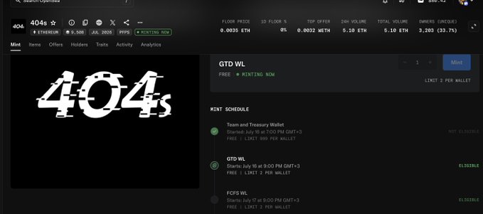 A cryptocurrency/NFT minting page for '404s' collection on Ethereum, showing mint schedule with GTD WL free minting now, team wallet, and FCFS WL with a limit of 2 per wallet.