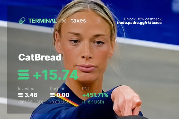 A trader showcases their profit on the "CatBread" token on Terminal, displaying a +15.74 ETH gain (+451.71%) from a 3.48 ETH investment, exemplifying the post's strategy of aping multiple ticker variations after seeing early success.