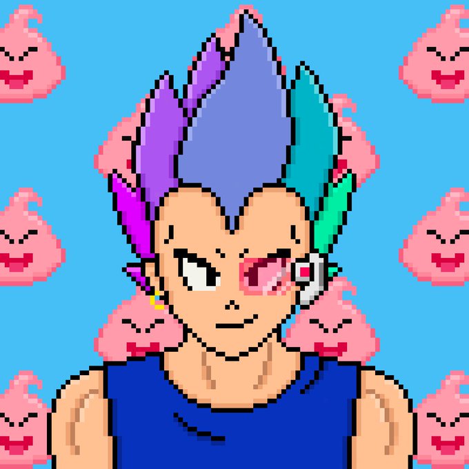 A pixel art style portrait of a character with multicolored purple, blue, and green spiky hair, surrounded by smiling pink swirl-shaped cloud characters against a blue background.