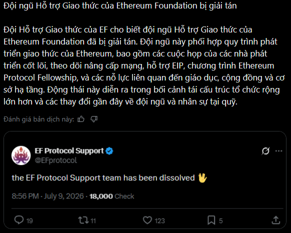 A Vietnamese news post about the dissolution of the Ethereum Foundation's Protocol Support team, featuring a quote tweet from @EFprotocol stating 'the EF Protocol Support team has been dissolved' dated July 9, 2026.