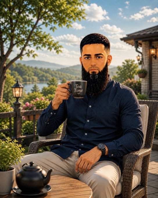 An AI-generated or stylized image of a bearded man in a navy shirt sitting on a patio chair holding a 'Tea Time' mug, with a teapot on the table and a scenic lake/mountain landscape in the background.