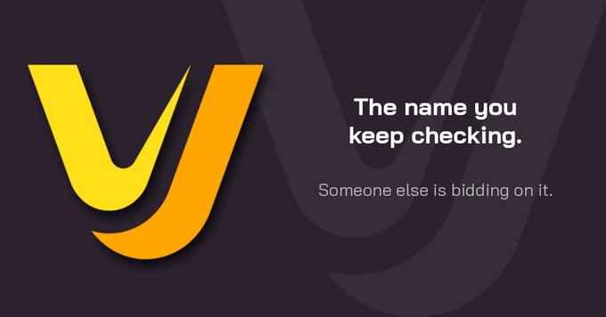 A dark-themed advertisement with a yellow and orange stylized "y" logo and the text "The name you keep checking." and "Someone else is bidding on it."