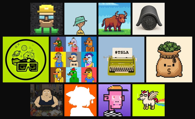 A collage of pixel art NFTs including a miner, various characters, a bull, a typewriter labeled "↓$TSLA", and a money bag, promoting September 12 NFT mints such as Ponxz Miners Rigs (10,000 supply, free/0.0001 ETH) and Royal Mechanica (4,242 supply, 0.0035 ETH).