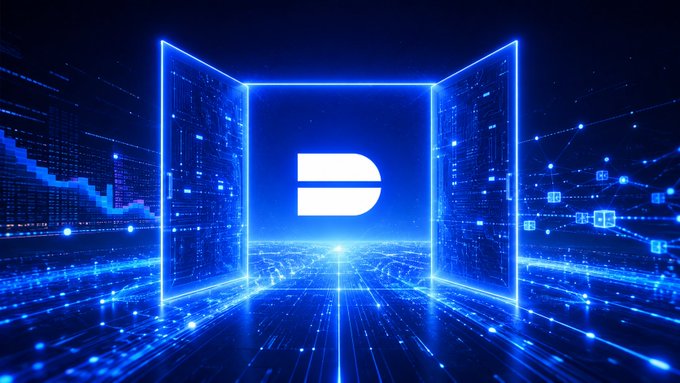 A futuristic digital graphic featuring a glowing blue, open doorway or portal displaying the Dash (DASH) cryptocurrency logo in the center, surrounded by data streams and circuit-like patterns.