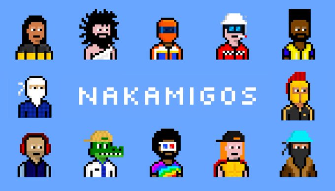 A blue graphic displaying the word 'NAKAMIGOS' surrounded by pixel-art character avatars with various hairstyles, masks, and accessories.