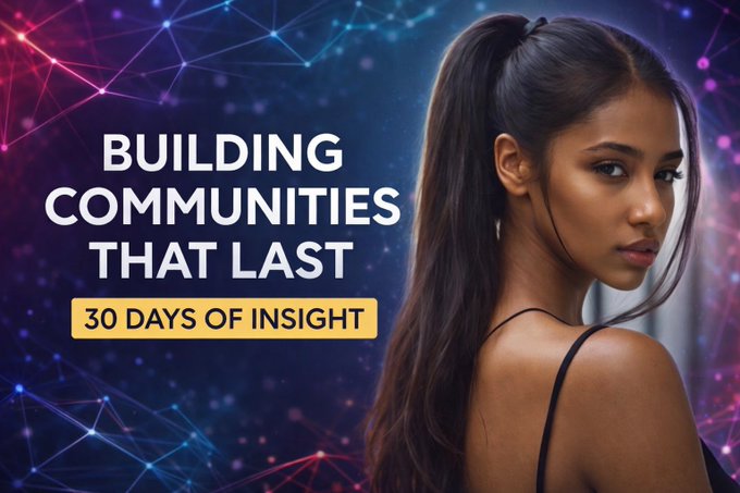 A vibrant promotional graphic with the headline 'BUILDING COMMUNITIES THAT LAST' and subtitle '30 DAYS OF INSIGHT,' featuring a young woman with a high ponytail against a purple digital network background.