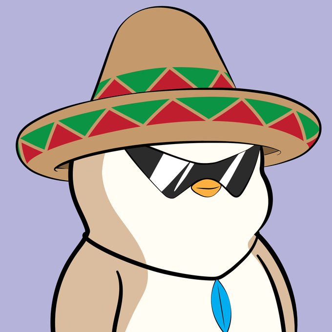 A cartoon penguin wearing a sombrero and sunglasses, accessorized with a blue feather necklace.