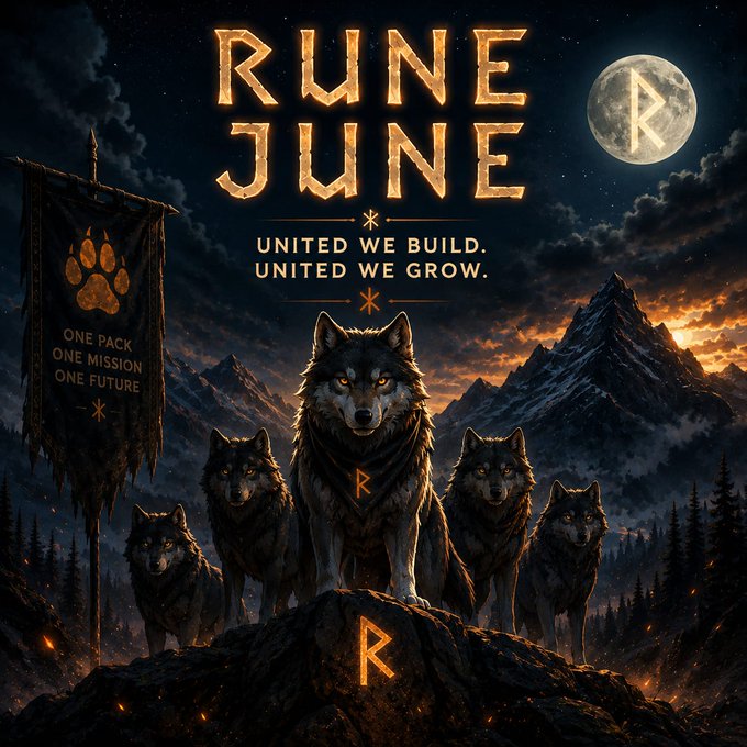 The image features five black wolf dogs standing on top of a rock formation with mountains in the background. The text "Rune June" is written above them, which could be related to their pack name or a reference to the book they are associated with. Below this, there's an advertisement for a book called "One Pack: The Wolf Pack". It seems that the image is promoting a book about wolves and the Wolf Pack.