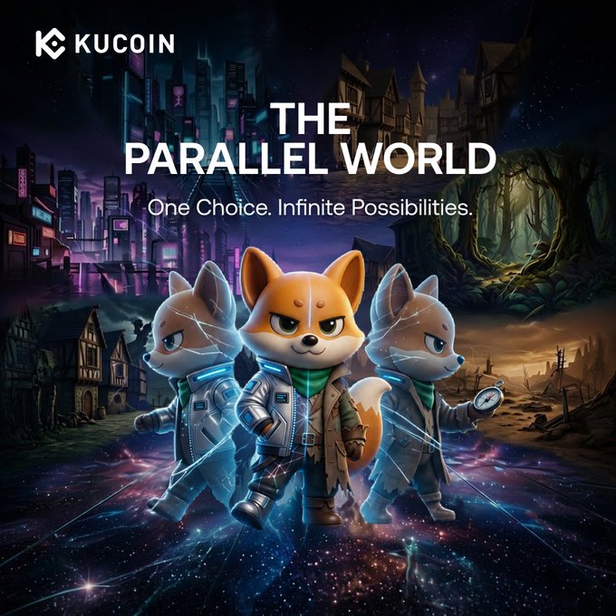 KuCoin's "The Parallel World" campaign promo featuring three anthropomorphic fox characters in futuristic and medieval worlds, with the tagline "One Choice. Infinite Possibilities." promoting a 100,000 USDT KuKu Bounty for traders completing futures trades.