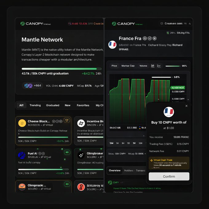 The image shows a screenshot of the CNPY Network app, which has various posts available for viewing including one about France Fra. The app also displays the Trade Successfully Tested feature as well as the option to create new posts.