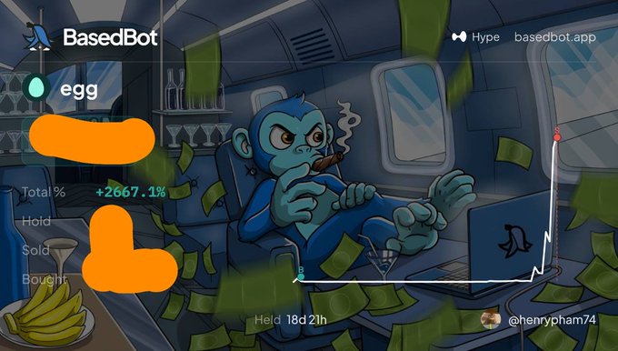 A BasedBot portfolio screenshot showing a token called 'egg' with a Total% of +2667.1%, held for 18d 21h by user @henrypham74, overlaid on an illustration of a blue monkey smoking a cigar and counting money on a laptop.