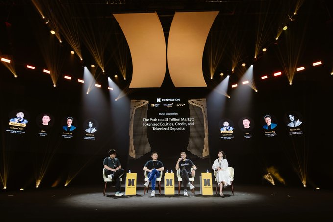 A panel discussion at the Conviction conference titled "The Path to a $1 Trillion Market: Tokenized Equities, Credit, and Tokenized Deposits," featuring speakers including Orderly co-founder Ranyi Wu alongside Josh, Joshua, and Diana, seated on stage under golden lighting with their headshots displayed on screens flanking the stage.