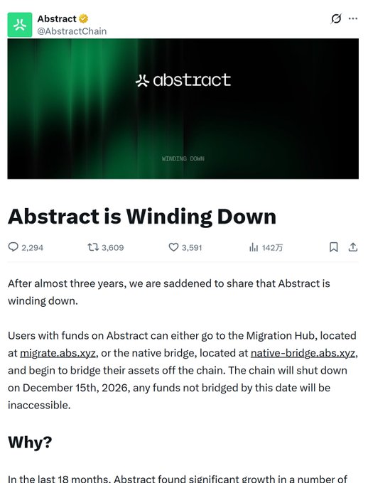 A social media announcement from Abstract (@AbstractChain) titled 'Abstract is Winding Down,' stating that users have until December 15th, 2026, to bridge their assets off the chain via the Migration Hub.