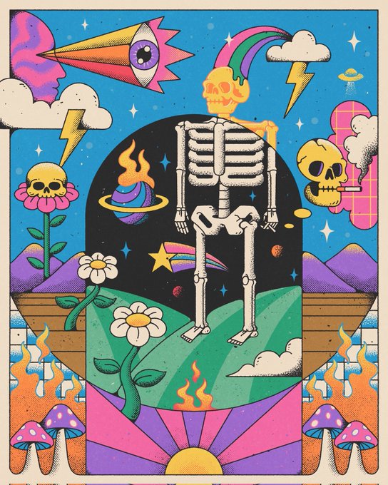 A psychedelic illustration features a skeleton figure inside a black archway, surrounded by surreal elements like a cyclops comet, skulls smoking cigarettes, planets, flowers, and flames against a vibrant blue background.
