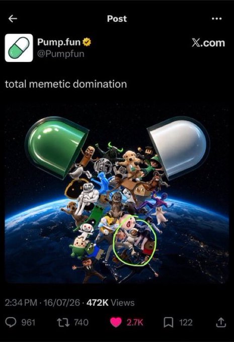 A screenshot of a Pump.fun (@Pumpfun) X post captioned "total memetic domination," featuring an image of an open pill capsule spilling various cartoon characters over Earth, accompanied by engagement metrics showing 2.7K likes, 472K views, and a timestamp of 2:34 PM on 16/07/26, which the poster uses as "proof" that Pumpfun is backing the $Moonkey meme token.